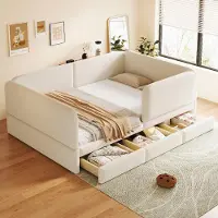 OKWISH Kinderbed 140 x 200 cm – Zacht Gestoffeerd Bed met Ronde Veiligheidsrand en Opberglades – Voor Kinderkamer – Fluweel – Beige – Zonder Matras