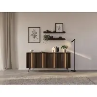 Vente-unique Buffetkast met 4 deuren en met leds in MDF - Natuurlijk donker en Zwart KALSIYA