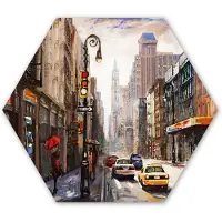 MuchoWow Hexagon wanddecoratie - Kunststof Wanddecoratie - Hexagon Schilderij - Schilderij - Stad - Auto - Olieverf - 120x103 cm