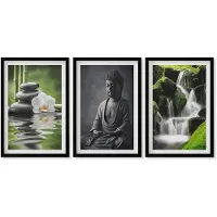 Wallfluent 4-Delige Schilderij Set - Rustgevende zen-afbeeldingen met water, stenen en Boeddha - 40 x 60 cm - Wanddecoratie - Schilderijen Set - Interieur - Stijlvolle Muurdecoratie