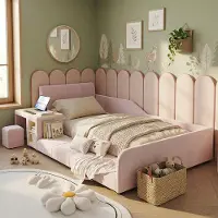 STILVORA Bedframe 90x200cm – Kinderbed met Bureau & Hocker – Opbergruimte voor Boeken en Spullen – Voor Kinderkamer – Zacht Fluweel – Roze – Zonder Matras
