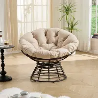 OKWISH Fauteuil 92 x 92 x 67 Cm - 360 Graden Draaibaar Met Dik Kussen - Voor Woonkamer Slaapkamer Of Leeshoek - Rotan En Staal - Beige