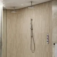 Saniclear Uni dubbele douche RVS look PVD met plafondarm, glijstang en staafhanddouche