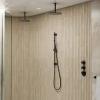 Saniclear Uni dubbele douche mat zwart met plafondarm, glijstang en staafhanddouche