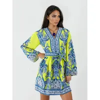 MSN Collection V-hals Paisley A-lijn Mini Jurk met Knopen