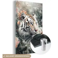 MuchoWow Glasschilderij 120x180 cm - Schilderij acrylglas - Tijger - Wilde dieren - Bloemen - Jungle - Foto op glas - Muurdecoratie woonkamer - Wanddecoratie slaapkamer - Schilderijen