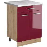 Vicco Keukenonderkast R-Line, Rode hoogglans/Goudkleurig Eiken, 60 cm met lade marmer werkblad