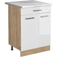 Vicco Keukenonderkast R-Line Wit Hoogglans/Goudkleurig Eiken 60 cm met lade marmer werkblad, Model 61229