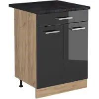 Vicco Keukenonderkast R-Line, Antraciet Hoogglans/Goudkleurig Eiken, 60 cm met lade antraciet werkblad