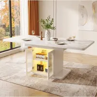 OKWISH vierkante eettafel met LED-verlichting en uitschuifbaar tafelblad, design met dubbele deur, keukentafel met opbergruimte, geschikt voor 6-8 personen, wit