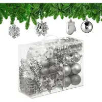 Famanu – Set van 100 kerstballen met glitters, glanzend en mat, kerstboomversiering in 10 designs, zilver