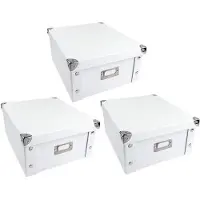 Markenlos – Set van 3 opbergdozen met deksel, opvouwbaar, van karton en metaal, 11 liter, elk 31 cm x 26 cm x 14 cm, wit