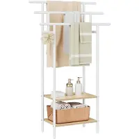 Famanu – 3-laags vrijstaand handdoekenrek met ladderontwerp en 2 opbergplanken, voor badkamer, slaapkamer of hal, wit met eikenhouten effect