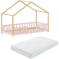 En.casa Kinderbed "Treviolo" met matras en valbeveiliging, 90x200 cm, roze/naturel