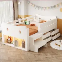 STILVORA Kinderbed 90x200 cm – Eenpersoonsbed met golvend hoofdeinde – Opbergruimte, lades en veiligheidshekje – LED en USB Type C – Wit Zonder matras