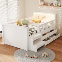 STILVORA Kinderbed 90x200cm – Multifunctioneel Eenpersoonsbed met ledverlichting – Uitvalbeveiliging, Trap En Opberglades – Nacht Design – Hout – Wit – Zonder matras