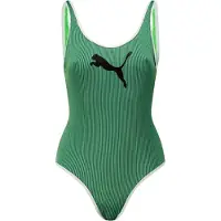 Puma Gestreepte geribbelde eendelige zwemkleding voor dames (Groen)