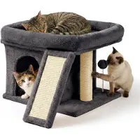 Relaxdays Kraboom, met hol, krabplank en ligvlak, zachte kattenhol, hoogte x breedte x diepte: 38,5 x 54 x 45 cm, sisal, donkergrijs