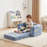 STILVORA Kinderfauteuil Compact Formaat - Opklapbaar Met Lichtgevend Ruimtepatroon En Afneembare Hoes - Voor Kinderkamer - Stof Blauw