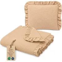 Totsy Baby Katoenen Babydeken Set Set: Babydeken 75x60 cm + Kussen 40x30 cm Katoen Muslin voor Kinderwagen Wieg Ledikant Ademend met Ruches Lichtgewicht Zomerdeken Pasgeboren Beige
