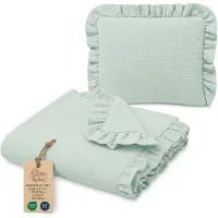 Totsy Baby Katoenen Babydeken Set Set: Babydeken 75x60 cm + Kussen 40x30 cm Katoen Muslin voor Kinderwagen Wieg Ledikant Ademend met Ruches Lichtgewicht Zomerdeken Pasgeboren Mintgroen