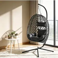 OKWISH Fauteuil – Hangstoel Met Standaard 105 x 105 x 195 cm – Handmatig Hoogteverstelbaar & 360° Schommelend – Voor Woonkamer, Balkon Of Tuin – Metaal En Rotan – Antraciet