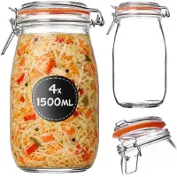 Kadax inmaakpot 4 stuks 1,5 l met beugelsluiting, luchtdichte pot met rubberen afdichting en glazen deksel, augurkenpot, grote glazen voorraadpot, fermentatiepot
