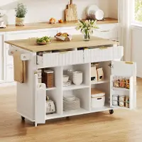 STILVORA Keukenkast Op Wielen - Uitklapbaar Werkblad En Veel Opbergruimte - Voor Keuken En Eetruimte - MDF - Wit En Naturel - 143X45X89,5 Cm