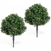 Happiq Set van 2 Kunst Buxusbomen 60cm - UV-Bestendig design met Paarse Bloemen - voor tuin en interieurdecoratie - Groen Kunststof - Zwart