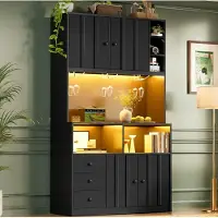 STILVORA Keukenkast - Hoge Opbergkast Met LED, Stopcontact En Vitrinekast - Voor Keuken En Eetkamer - MDF - 100x40x180 Cm - Zwart