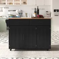 OKWISH Keukenkast – Uitklapbaar Werkblad – 129 x 46 x 91,5 cm – 2 Lades en 3 Opbergvakken – Op Wielen of Met Houten Poten – MDF Zwart Naturel