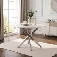 OKWISH Witte ronde eettafel met zilverkleurige tafelpoten, keukentafel met tafelblad in marmerlook, bijzettafel wit+zilver