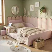 OKWISH Kinderbed 90x200 cm - Met Bureau En Kruk - Met Opbergplank En Zacht Hoofdbord - Eenpersoons Fluwelen Bed Voor Kinderkamer - Roze - Zonder Matras