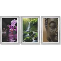 Wallfluent 4-Delige Schilderij Set - Bloemen in het water, waterval met groene rotsen, Boeddha - 40 x 60 cm - Muurdecoratie - Schilderijen Set - Woonkamer - Stijlvolle Muurdecoratie