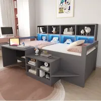 OKWISH kinderbed 90x200 met bureau en open vakken, multifunctioneel bed met stopcontacten en LED-verlichting, tienerbed in grijs, zonder matras