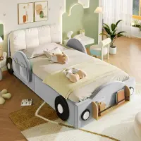 OKWISH Gestoffeerd Bed 90x200 cm - Hydraulische Opbergruimte en Zijvakken - Met Boekenrek en Hoofdkussen - Kinderbed van Stof - Grijs - Zonder matras