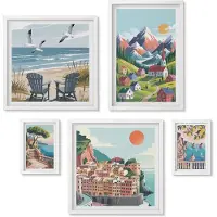 Wallfluent 5-Delige Schilderij Set - Berg- En Kustlandschappen In Retrostijl - 50 x 50 cm, 20 x 30 cm En 40 x 60 cm - Muurdecoratie - Interieur Decoratie - Decoratieve Schilderijen