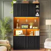 OKWISH zwarte hoge kast met stopcontact en LED-verlichting, multifunctionele keukenkast met lades en wijnrek, geschikt voor keuken en eetkamer