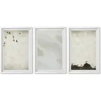 Wallfluent 3-Delige Schilderij Set - Vogels, Rotsen En Penseelstreken: Minimalistische Decoraties - 40 x 60 - Schilderijen Set - Wanddecoratie - Woonkamer