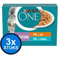 Purina One 3x - Adult Sensitive Kip, Tonijn & Wortels - Kattenvoer Natvoer - 8x85g
