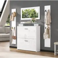 STILVORA Schoenenkast - Garderobeset Met Spiegel En 8 Haken - Hoogglans Opbergruimte Voor Hal En Entree - Spaanplaat - 89,5x23x96,5 Cm - Wit