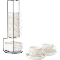 Happiq 12-delige Porseleinen Kopjeset 3 oz – Zwart & Wit met Schotels en Metalen Houder voor Cappuccino, Espresso, Latte & Thee – Wit