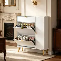 STILVORA Schoenenkast – Smal Design Met 2 Kleppen En Opbergvak – Voor Hal En Entree – Wit MDF Spaanplaat – 99,4x23,8x106,6 Cm