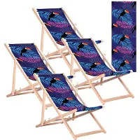 Greenblue GB183 - Strandstoel - Klassieke beukenhouten ligstoel met Tukan-print - tot 110 kg - 4 stuks