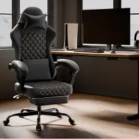 MODFU Gamingstoel-Bureaustoel-Kunstleer-Zwart-Voetsteun-Hoofdsteun-Wielen