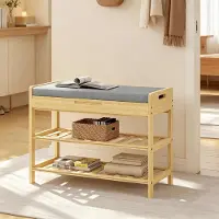 OKWISH Schoenbank 68 x 30 x 50 cm - Met Zachte Zitting En Verborgen Opbergvak - Voor Hal En Entree - Bamboe En Grijs