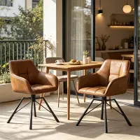 OKWISH Eetkamerstoel Set van 2 - 360° Draaibare Kuipstoelen met Armleuningen en Zachte Rugleuning - Voor Eetkamer, Keuken en Woonkamer - Kunstleer - Lichtbruin