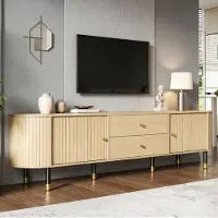 OKWISH TV-Kast Lowboard - 180 x 40 x 58 cm - 2 Schuifdeuren en 2 Lades - Kabeldoorvoer - Naturel Houtkleur - MDF en Spaanplaat