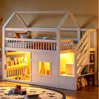 OKWISH Hoogslaper 90x200 cm - Huisbed Met Trap en Opbergruimte - Met LED-Verlichting - Voor Kinderen - Hout en MDF - Wit - Zonder Matras