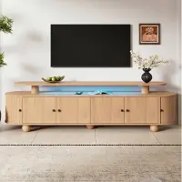 STILVORA TV Meubel – Dubbel Niveau Met LED Verlichting En Schuifdeuren – Retro Opbergkast Voor Woonkamer – MDF – Naturel – 180 Cm